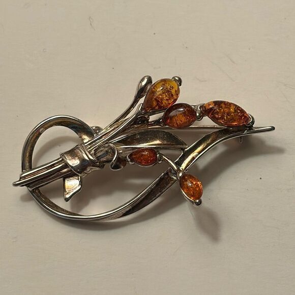 Sterling Silver Baltic Amber Floral Bouquet Branch Multi Orange stone Pin Brooch - Picture 1 of 6